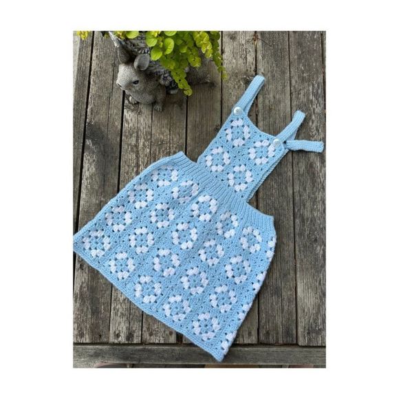 Vintage 70s Handmade Granny Square Bib Tank Dress Baby Blue & White - Picture 4 of 5